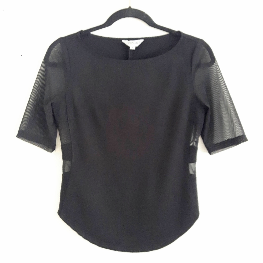 SEXY WOMAN Luxury Stretchy Top from Italy/Blk/Sheer Panels Bodycon Sz M